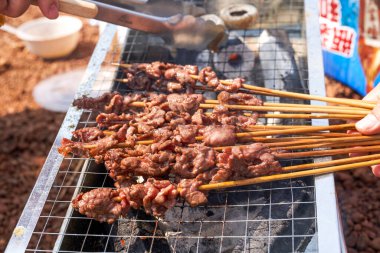 Birisi piknik kampında et şişleri pişiriyor. Lezzetli ve cezbedici bir barbekü.