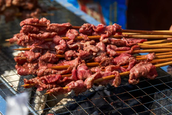Een Persoon Grilt Vleesspiesjes Een Picknickcamping Heerlijk Verleidelijk Barbecue — Stockfoto