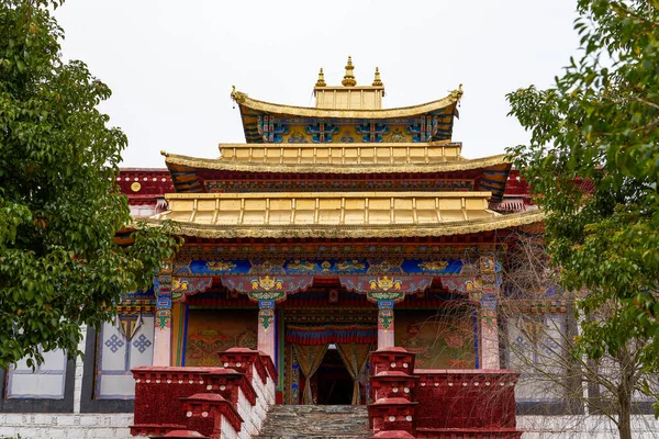 西藏美丽的金顶红漆藏传佛教寺院 — 图库照片