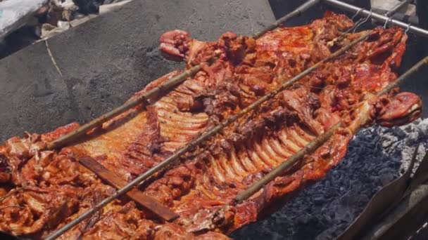 중국의 커피볶는 기계가 불위에서 껍질의 돼지고기를 있습니다 — 비디오