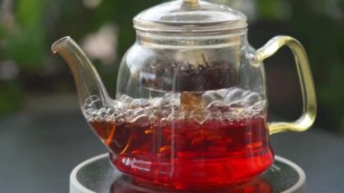Bahçede elektrikli sobanın üzerinde cam çaydanlıkta demlenen siyah çayın yavaş çekimde yükselmesi.
