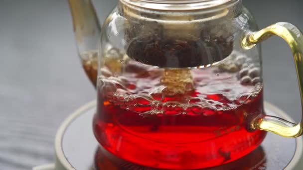 Emelkedett Lassított Felvétel Fekete Tea Főzés Üveg Teáskanna Elektromos Tűzhely — Stock videók