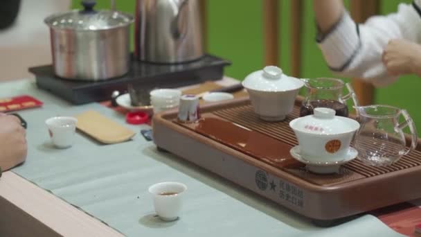 Női Tea Sommeliers Így Tea Vendégek Inni Tea Expo Hlg — Stock videók