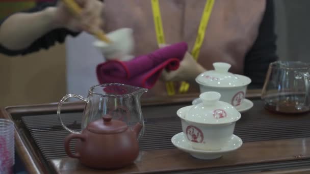 Жіночі Чайні Сомельє Роблять Чай Гостей Виставці Чаю Відеозапис Hlg — стокове відео