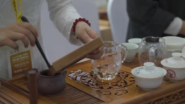Kobieta Sommeliers Herbata Podejmowania Herbaty Dla Gości Picia Targach Herbaty — Wideo stockowe