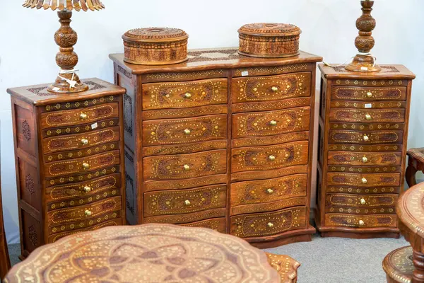 Nepali style furniture furniture tables, chairs and cabinets close-up