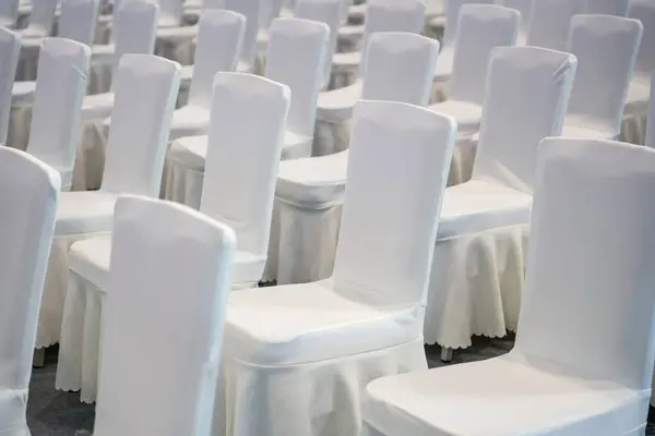 Close White Satin Chair Seats Large Business Meeting — Stock Photo, Image
