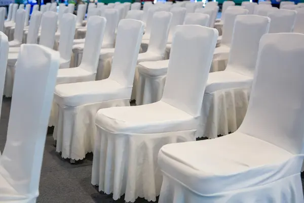 Close White Satin Chair Seats Large Business Meeting — Stock Photo, Image