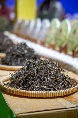 Close-up of high-end Chinese tea for sale in tea shop clipart