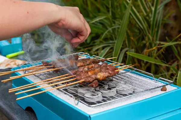 Outdoor portable disposable barbecue grill lamb kebabs