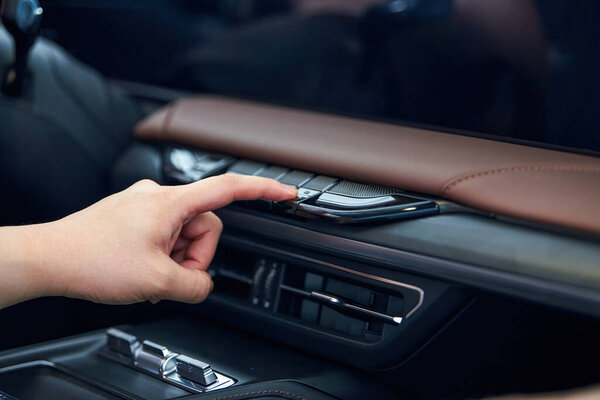 Close-up of the interior and center console of a new energy electric car
