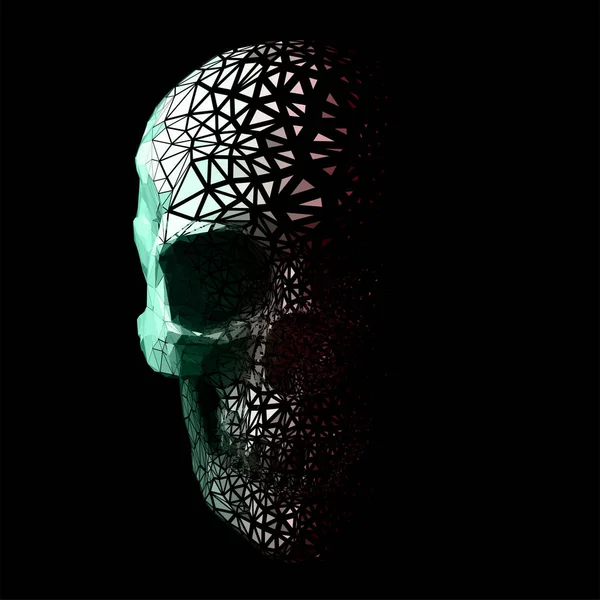 分解式多边形颅骨 一个令人毛骨悚然的人头的矢量图解 3D低聚粒子衰减效应 — 图库矢量图片
