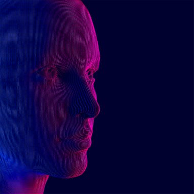 Noktalarla yapılmış bir kadın kafası. Ai kavramsal vektör çizimi. Yapay zeka insan formuna bürünüyor. İnsansı yüzünde neon renkli ışıklar.