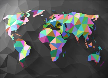 Çokgen dünya haritası vektörü. Renkli düşük polimer üçgenler tarafından yapılmış dünya haritası. Soyut geometrik renkli dünya haritası kavramı.