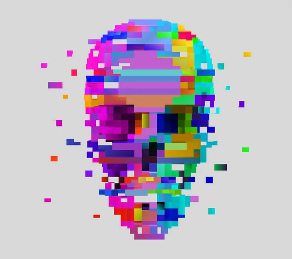 Vektor Pixel Kunstschädel Glitch Zerfallseffekt Neon Farbiges Retro Videospiel Design — Stockvektor