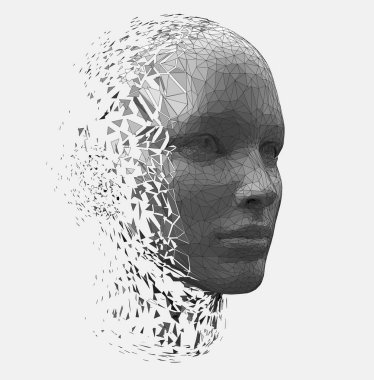 İnsanımsı robot kafasının çokgen çizimi dağılır. Yapay zeka insan formuna bürünüyor. İnsan formu parçalanıyor.