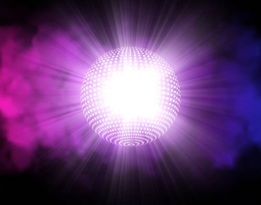 Disko küresi ışık ışınlı vektör partisi arka planı. Mor ve mavi renkli duman ve beyaz top.