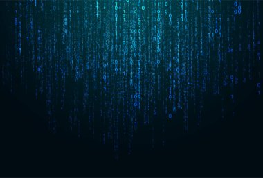 Matrix içerisindeki vektör mavi kod yağmuru fütüristik tarzda ilham verdi. Parlayan ikili karakterlere sahip yüksek teknoloji arkaplanı