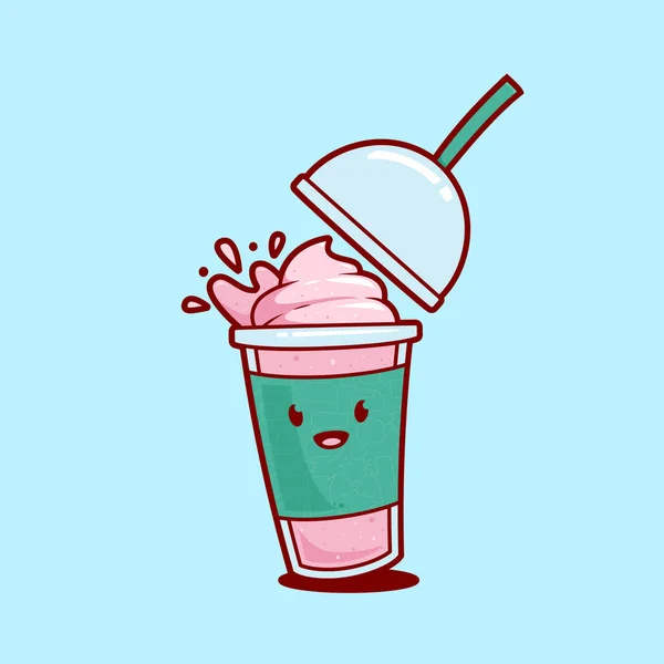 与飞溅出来的草莓冰沙奶昔果汁与冰激淋顶部图解矢量卡通人物 — 图库矢量图片