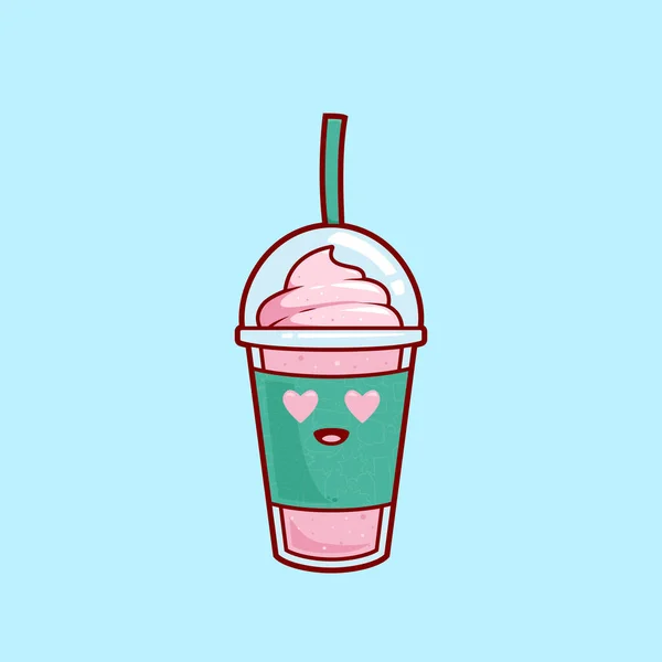 可爱的情人眼里出西施草莓奶昔果汁加冰淇淋配图矢量卡通人物 — 图库矢量图片