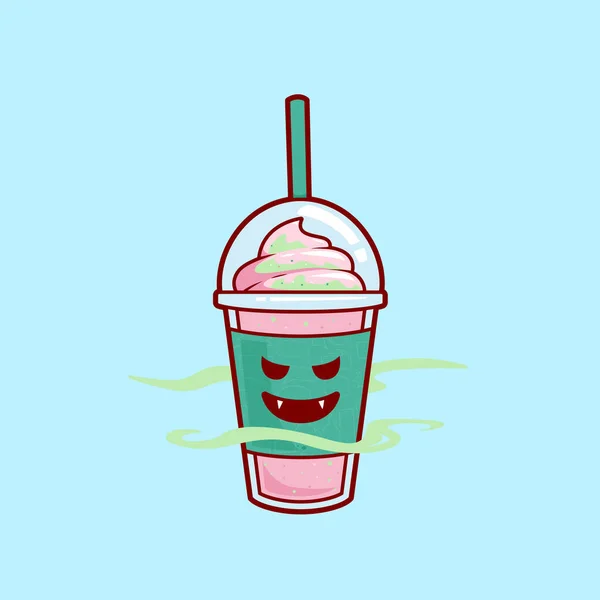邪恶的吸血鬼草莓冰镇奶昔果汁与冰淇淋顶部插图病媒卡通人物 脑冻草莓奶昔 — 图库矢量图片