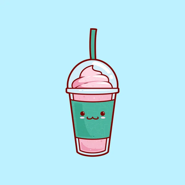 卡瓦伊可爱的草莓蜜汁奶昔加冰激淋配图矢量卡通人物 — 图库矢量图片