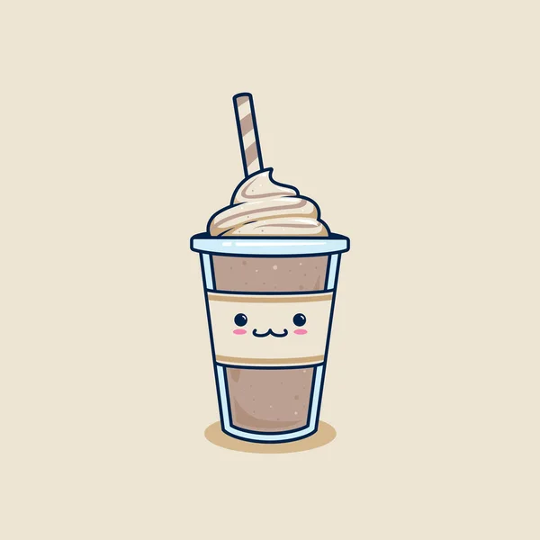 Kawaii可爱的巧克力奶昔在外卖杯与鞭毛膏顶部插图 塑料杯中可爱的软糖咖啡图解吉祥物卡通人物 — 图库矢量图片