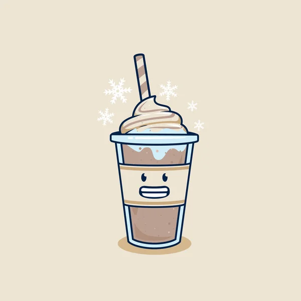 冷冰冰的巧克力奶昔放在外卖杯中 并附有奶油配料 塑料杯子中的冰块咖啡图解吉祥物卡通人物 — 图库矢量图片
