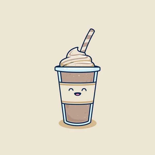 Vrolijke Glimlach Chocolade Milkshake Afhaalkopje Met Slagroom Topping Illustratie Frappe — Stockvector