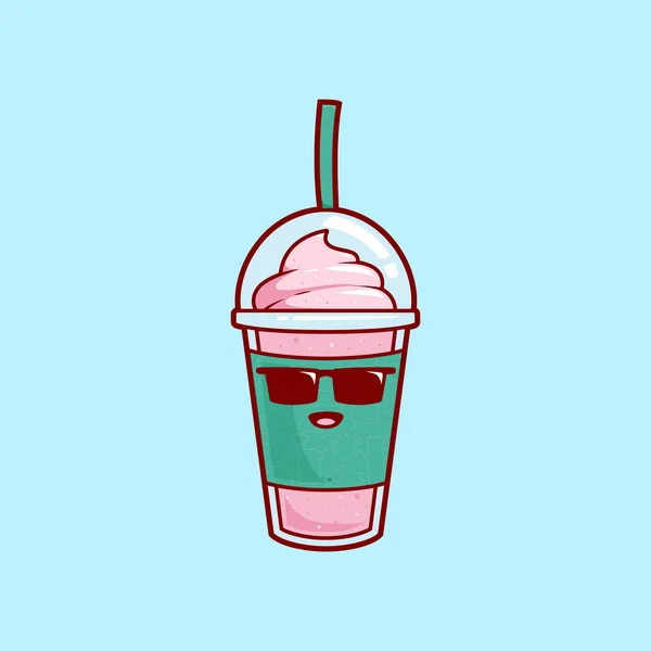 带太阳镜的酷酷风格草莓味奶昔果汁加冰淇淋配上图解矢量卡通人物 — 图库矢量图片