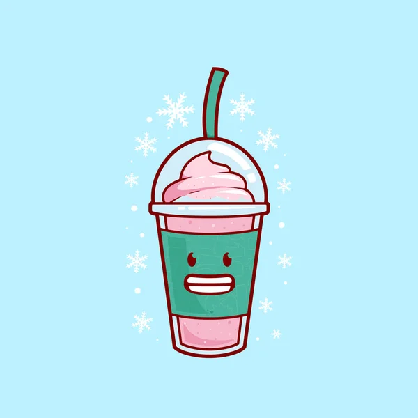 冰冻的草莓冰镇奶昔果汁与冰淇淋顶部的图解矢量卡通人物 脑冻草莓奶昔 — 图库矢量图片