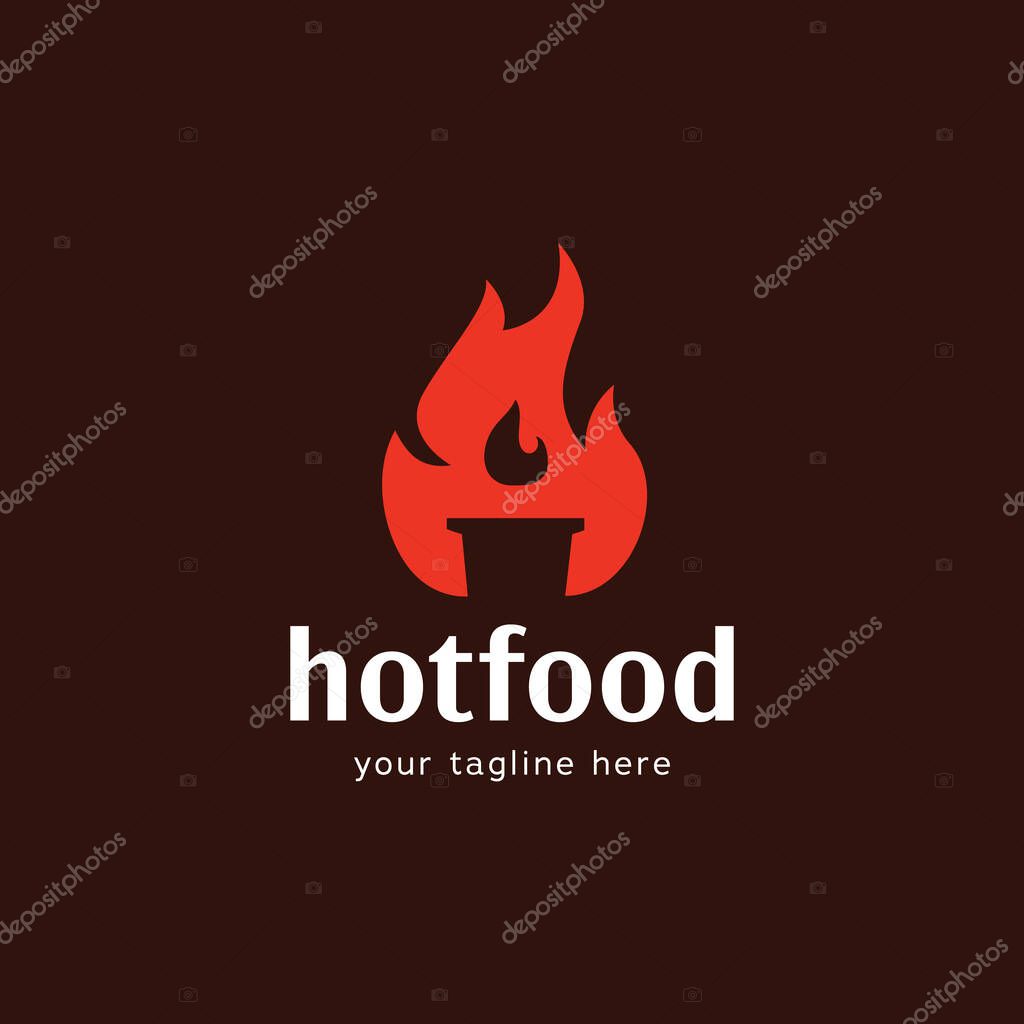 Hot pot soul kitchen logo with pot silhouette icon inside fire flame symbol. hot pot simple restaurant logo