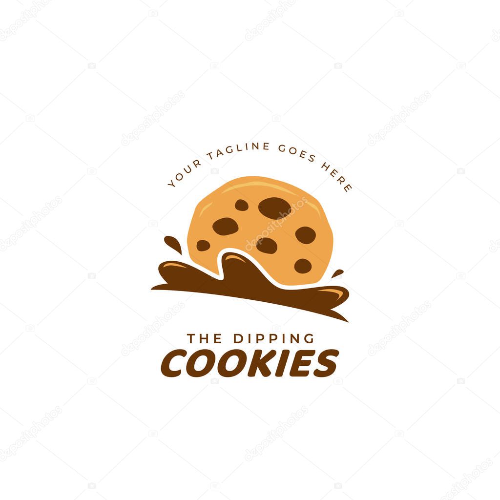 Dipping chocochips cookies logo icon. chocolate chip cookie logo dip into chocolate cream logo illustration dipping chocochips cookies logo icon. chocolate chip cookie logo dip into chocolate cream logo illustration
