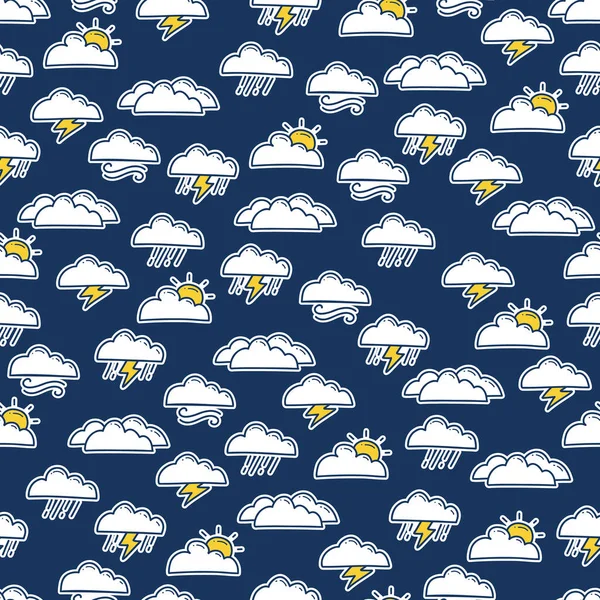 手描き天気アイコン嵐の雨雨の日雲アイコンイラストでシームレスなパターンの背景 — ストックベクタ