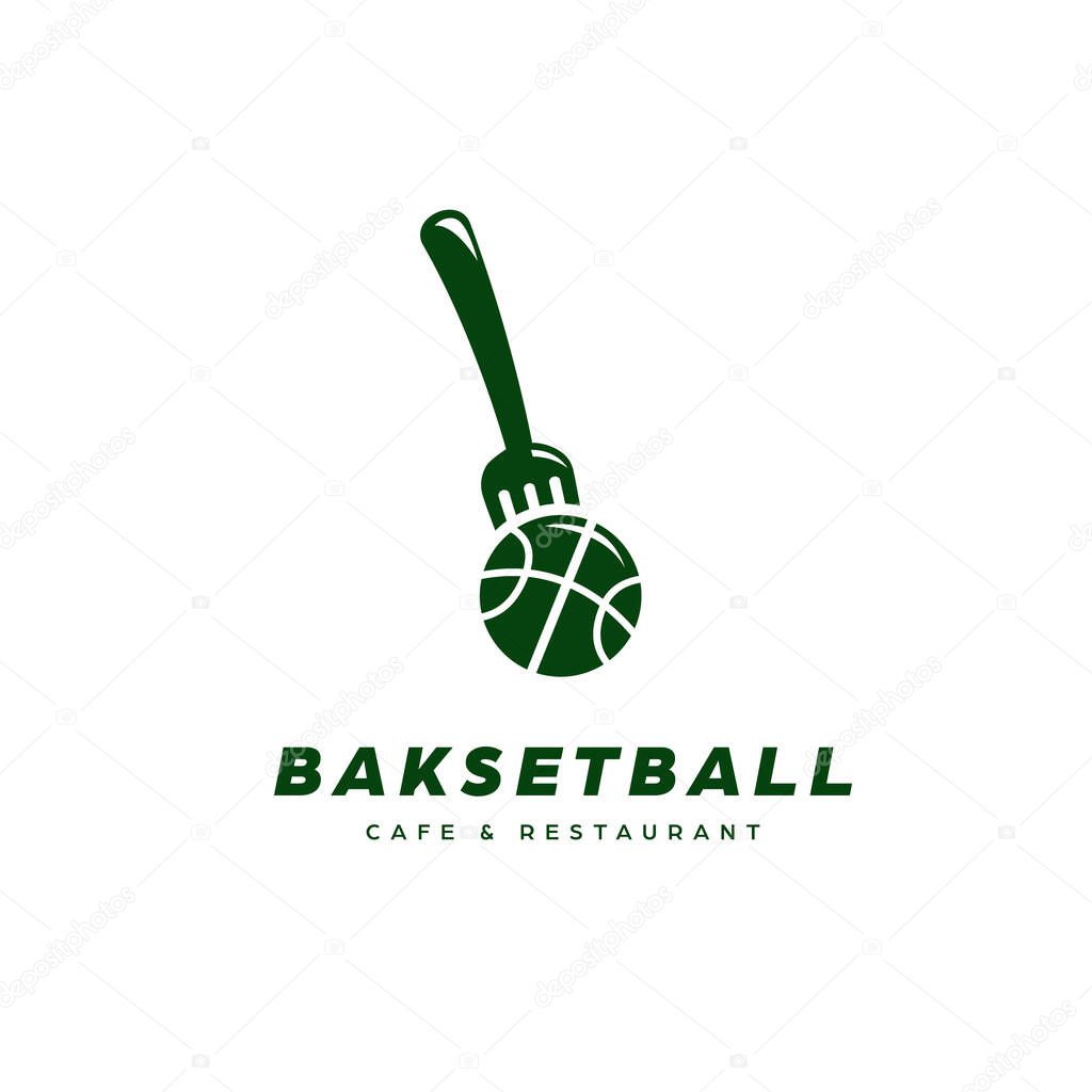 logo del restaurante de baloncesto con baloncesto y tenedor en plantilla icono de color verde 2023