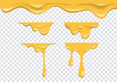 realistic yellow melting cheese liquid flowing on transparent background. spreading liquid cheese cream collection set vector decoration clipart