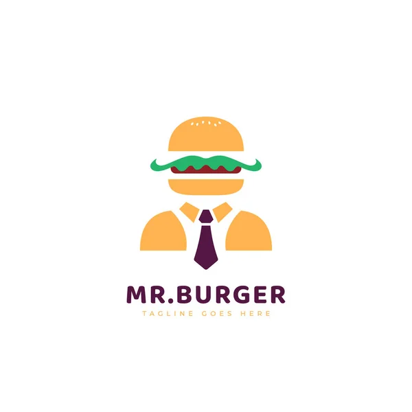 Burger Logotyp Hamburgare Logotyp Med Formella Kläder Och Slips Tecknad — Stock vektor
