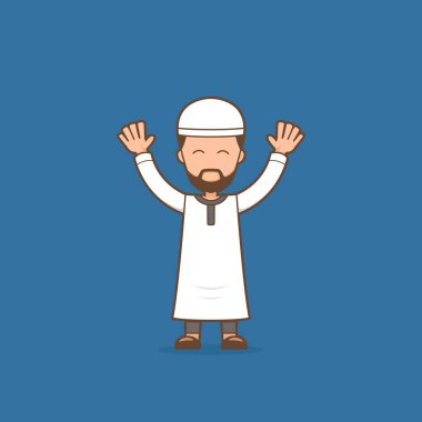Muslim male man with welcoming pose cartoon character illustration for ramadhan