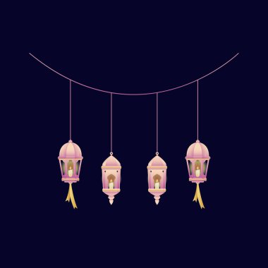 ramazan dekorasyon tasarımı için pembe grafiksel elementte ramadhan fener ışıkları asıldı