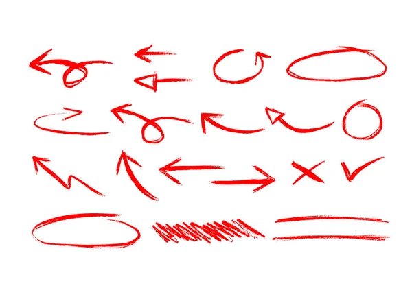 赤インクブラシストローク矢印ポインタ 円マーカー チェック Xマークと下線マークのデザイン要素コレクション グリンガーストロークマークのセット — ストックベクタ