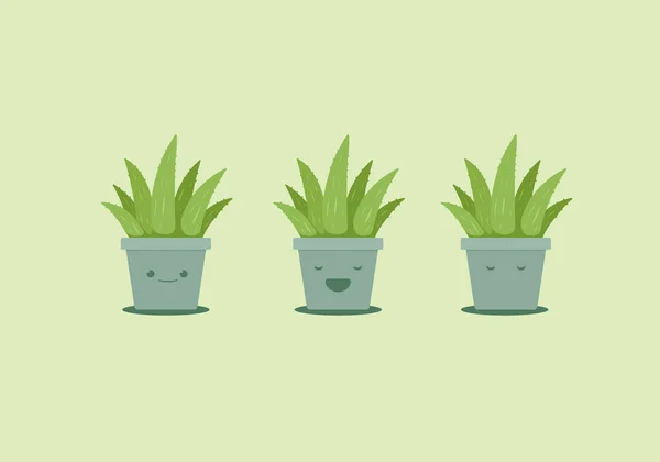 Conjunto Planta Bonito Aloe Vera Cimento Argila Pote Vetor Emoji — Vetor de Stock