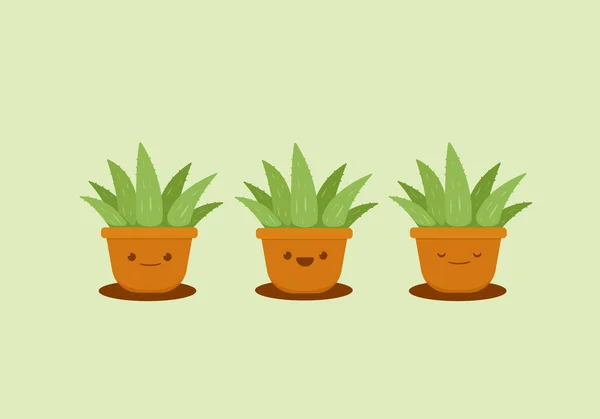 Zestaw Cute Aloevera Roślin Brązowej Gliny Wektor Pot Emoji Ilustracja — Wektor stockowy