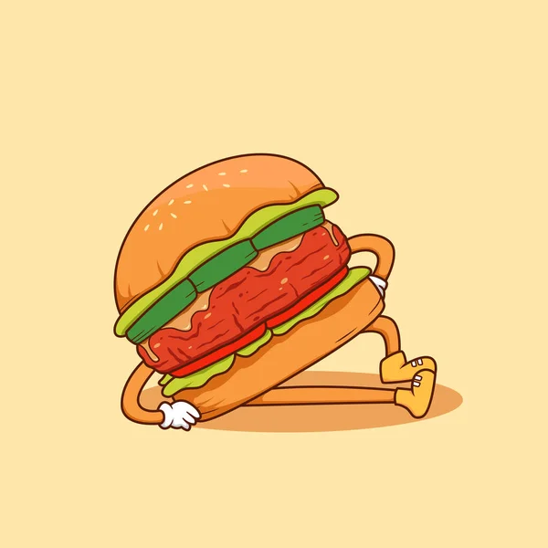 Big Meat Beef Burger Cartoon Lying Pose Floor Vector Illustration — Stock Vector