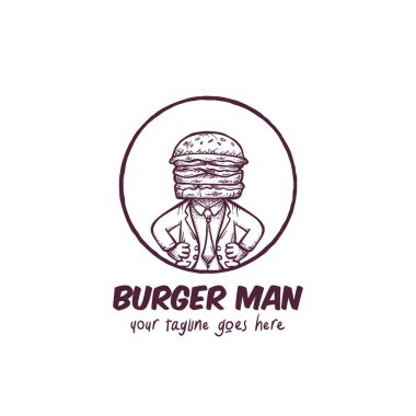 Bay Burger vektör logosu. Eskiz stili çizim. Takım elbise, gömlek ve kravat.