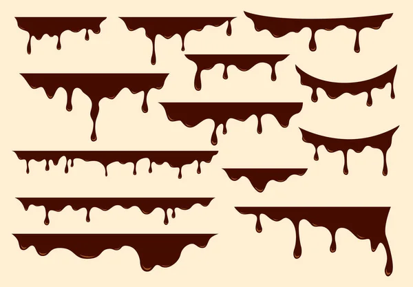 Cioccolato Fusione Goccia Flussi Cioccolato Liquido Bordo Decorazione Collezione Vettoriale — Vettoriale Stock