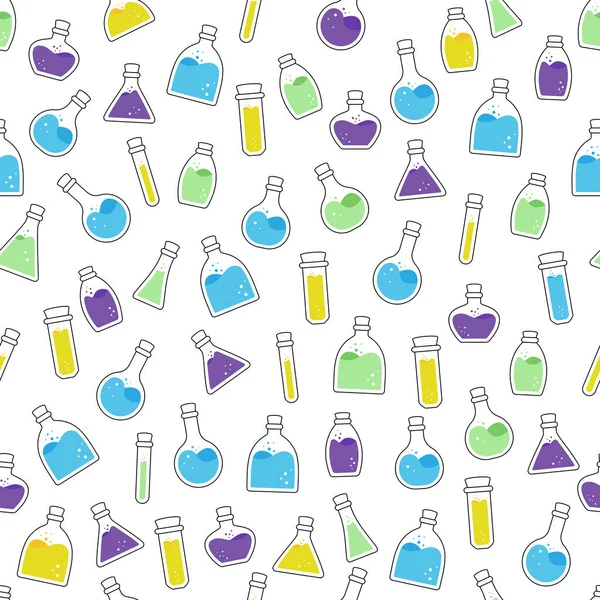 科学実験 または教育材料に関連する設計に最適なシームレスなパターンの背景に配置された実験室のポーションボトルとビーカーのコレクション — ストックベクタ