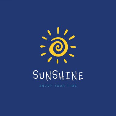 Güneş ışığı logosu, mavi arkaplanda sarı soyut spiral şekilli güneşin karalama el logo vektörü