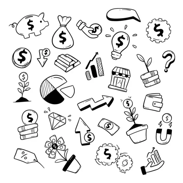 Economische Object Ding Doodle Hand Getekend Schets Illustratie Set — Stockvector