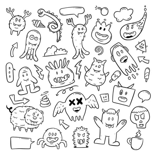 Doodle Mostro Cartone Animato Contorno Mano Disegno Illustrazione — Vettoriale Stock