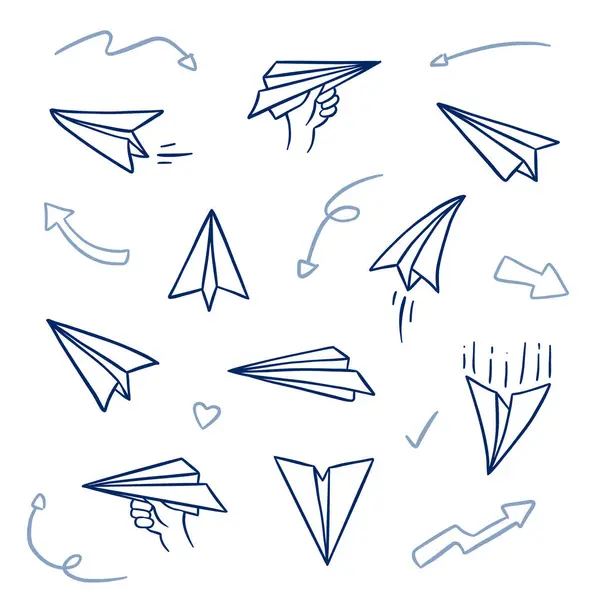 Papier Vliegtuig Doodle Tekening Set Papier Vliegtuig Overzicht Met Hand — Stockvector